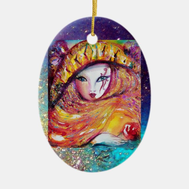 ADORNO DE CERÁMICA MÁSCARA DE CARNAVAL EN AMARILLO ORO CON ROSA ROJA (Frente)