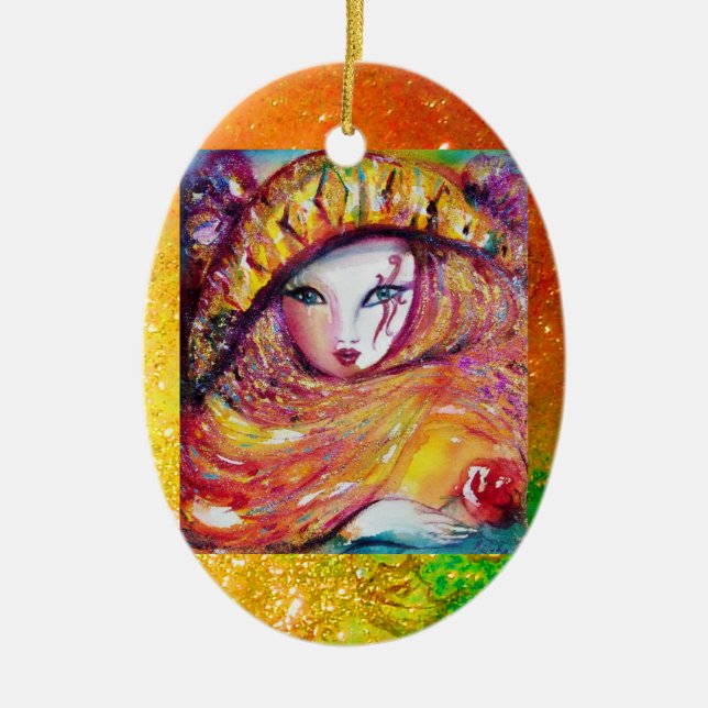 ADORNO DE CERÁMICA MÁSCARA DE CARNAVAL EN AMARILLO ORO CON ROSA ROJA (Frente)