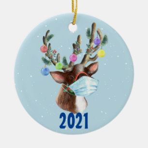 Adorno De Cerámica Máscara facial de reno Navidad Pandemia 2021