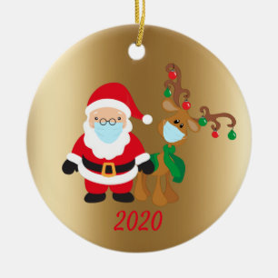 Adorno De Cerámica Máscara Facial Navideña Santa y Reno 2020 Dorado