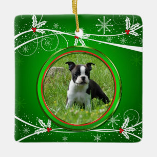 Adorno De Cerámica Mascota Brillante Verde Rojo y Blanco Holly