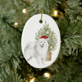 Adorno De Cerámica Mascota de acuarela de perro y árbol de Navidad