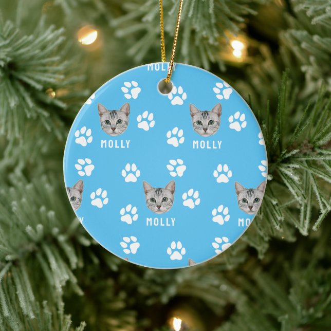 Adorno De Cerámica Mascota de gato personalizado, foto y nombre azul (Árbol)