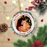 Adorno De Cerámica Mascota de gato primera foto de Navidad Wartercolo<br><div class="desc">Mascota Gato Primera foto de Navidad Wartercolor de correa de flores Ornamento cerámico</div>
