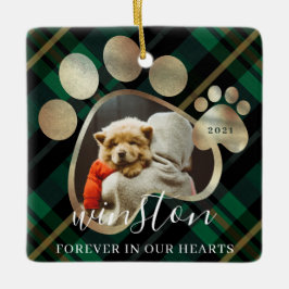 Adorno De Cerámica Mascota de impresión Paw Foto Mascota Green Plaid 