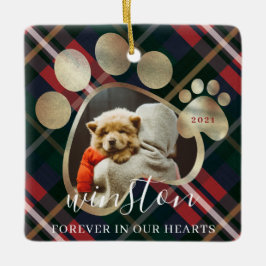 Adorno De Cerámica Mascota de impresión Paw Foto Red Plaid Mascota No
