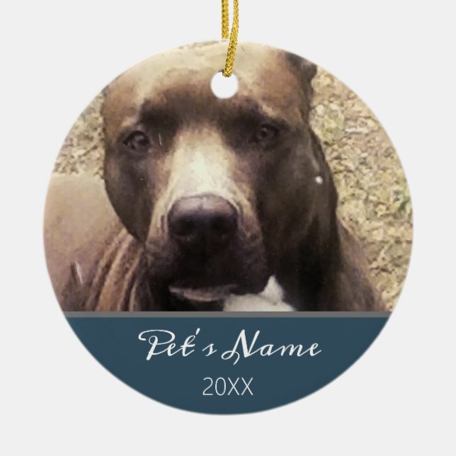 Adorno De Cerámica Mascota de Perro Pitbull Foto Navidades azules per (Frente)
