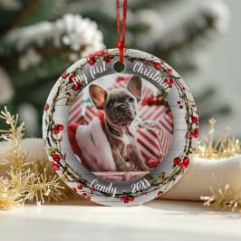 Adorno De Cerámica Mascota de perro primera foto de Navidad Wreath Re