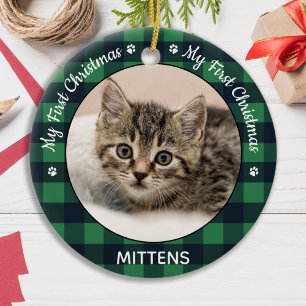 Adorno De Cerámica Mascota Gato Foto Green Plaid Kitten First Christm