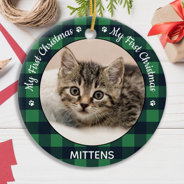 Adorno De Cerámica Mascota Gato Foto Green Plaid Kitten First Christm (Subido por el creador)