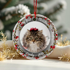 Adorno De Cerámica Mascota Gato Primera foto de Navidad Wreath Red Be