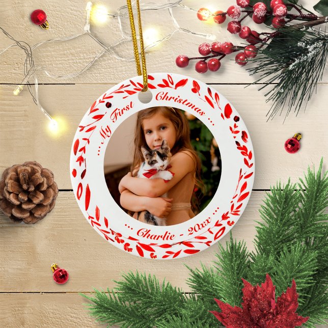 Adorno De Cerámica Mascota Gato Primera Foto De Navidad Wreath Rojo (Subido por el creador)