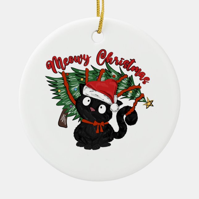 Adorno De Cerámica Mascota gracioso de Cuato Meow Navidades (Frente)