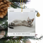 Adorno De Cerámica Mascota moderno, primera foto de Navidad 2<br><div class="desc">Moderno Mascota 2 (dos) Navidades de fotografía adorno cerámico. El diseño incluye dos fotografías de tu mascota cachorro o gatito,  el título "Mi primera Navidad",  su nombre y año. Todo el texto es fácil de personalizar con la plantilla proporcionada.</div>