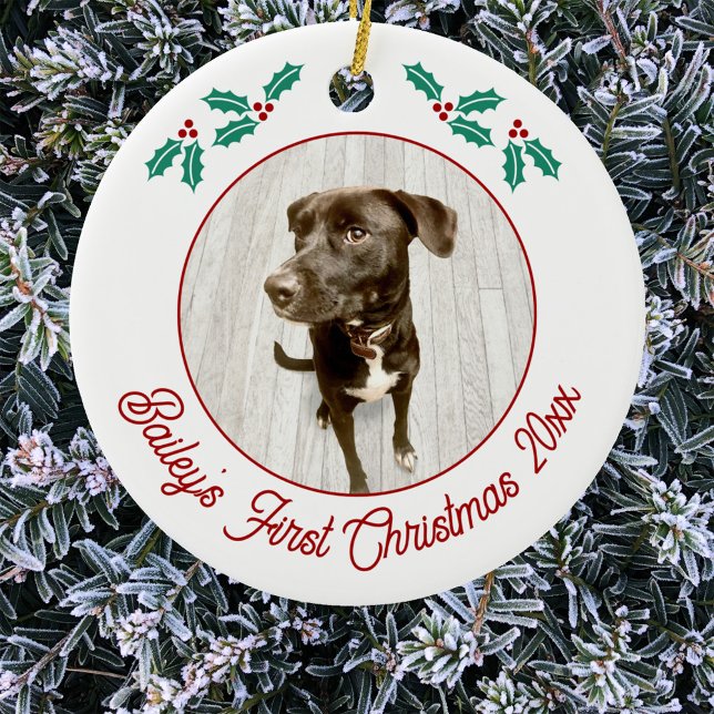 Adorno De Cerámica Mascota personalizada Perro de cachorro primera fo (Pet dog puppy photo personalized first Christmas name and date ornament with custom text )