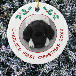Adorno De Cerámica Mascota personalizada Perro de cachorro primera fo<br><div class="desc">Celebra la primera Navidad de tu cachorro con este encantador ornamento de fotos personalizado. Añade tu propia foto y cambia cualquier texto al personalizar. Con brotes de bonito y textos modernos en rojo festivo, exhibe maravillosamente tu fotografía favorita de tu cachorro o perro, convirtiéndolo en un recuerdo perfecto para los...</div>