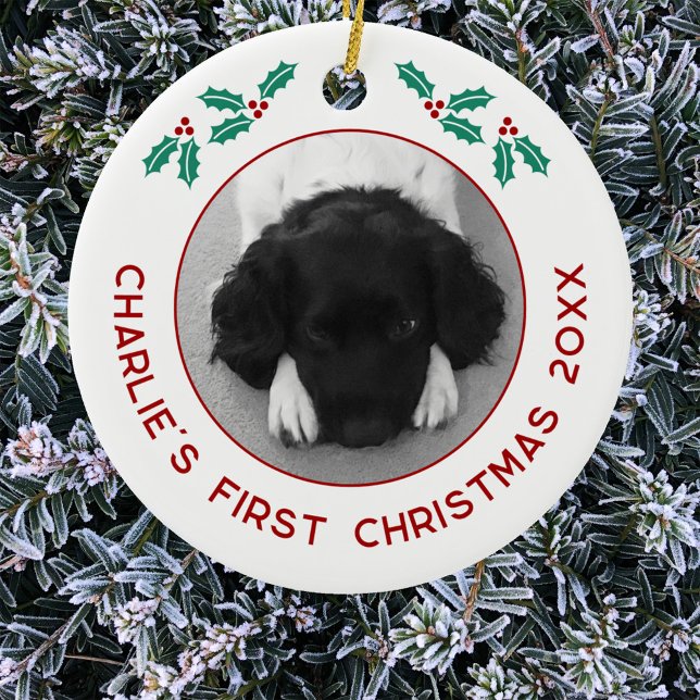 Adorno De Cerámica Mascota personalizada Perro de cachorro primera fo (Personalized puppy dog first Christmas photo ornament)