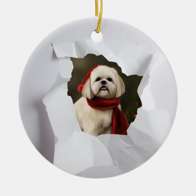 Adorno De Cerámica Mascota personalizado buscando a través de Navidad (Frente)