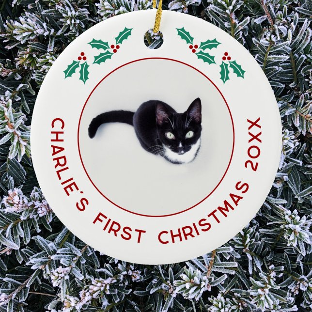 Adorno De Cerámica Mascota personalizado: primera foto de Navidad (Personalized cat photo first Christmas ornament)