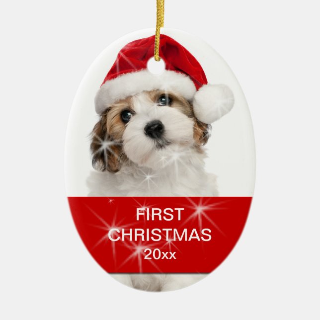 Adorno De Cerámica Mascota personalizado primera foto de Navidad (Frente)