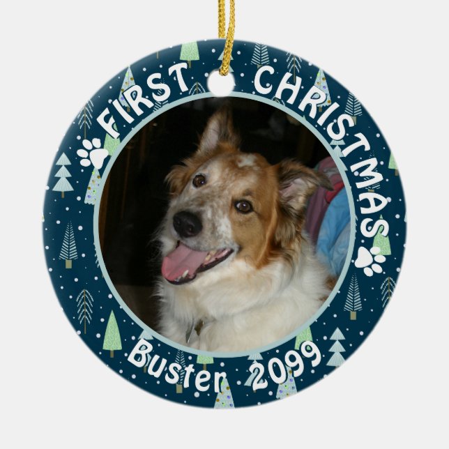Adorno De Cerámica Mascota PRIMER NAVIDAD Árboles verdes azules (Frente)
