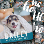 Adorno De Cerámica Mascota Primer Personalizado de Navidad Año de la<br><div class="desc">Este diseño sencillo y moderno se compone de tipografía sans serif. Añadir foto de mascota personalizado.</div>