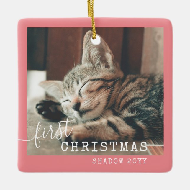 Adorno De Cerámica Mascota primera foto de Navidad rosada (Anverso)