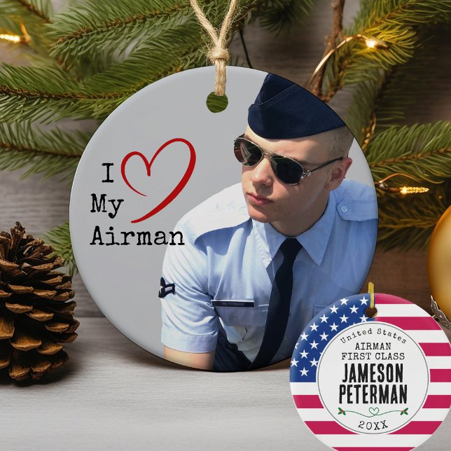Adorno De Cerámica Me Encanta Mi Airman Me Llamo Soldado Foto Militar (I love my Airman, Soldier, Marine, Sailor, Guardian, Guardsman, USA Flag Military Christmas ornament)
