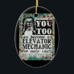 Adorno De Cerámica Mecánica del Ascensor - Retro de época divertida<br><div class="desc">Anuncio mecánico de ascensores en color turquesa,  agua,  rojo y negro. Arty,  divertido,  colorido y divertido,  hace un gran regalo y seguramente traerá sonrisas y risas al destinatario.</div>