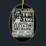 Adorno De Cerámica Mecánica del Ascensor - Retro de época divertida<br><div class="desc">Anuncio mecánico de ascensores en color turquesa,  agua,  rojo y negro. Arty,  divertido,  colorido y divertido,  hace un gran regalo y seguramente traerá sonrisas y risas al destinatario.</div>