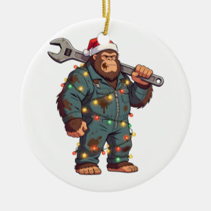 Adorno De Cerámica Mecánico de Bigfoot Sasquatch Navidad Cuello Azul