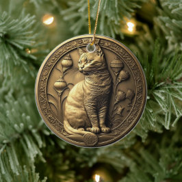 Adorno De Cerámica Medallón Gato de Sitting Gold