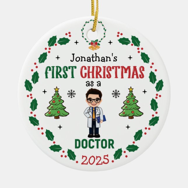 Adorno De Cerámica Médico Primera Ronda Personalizada de Navidad (Frente)