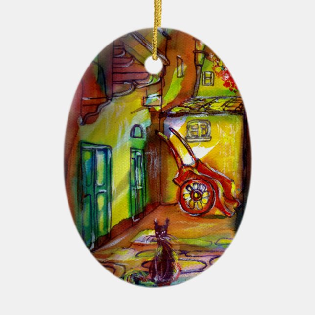 ADORNO DE CERÁMICA MEDIEVAL ALLEY DE NOCHE EN FLORENCIA CON GATO NEGR (Frente)