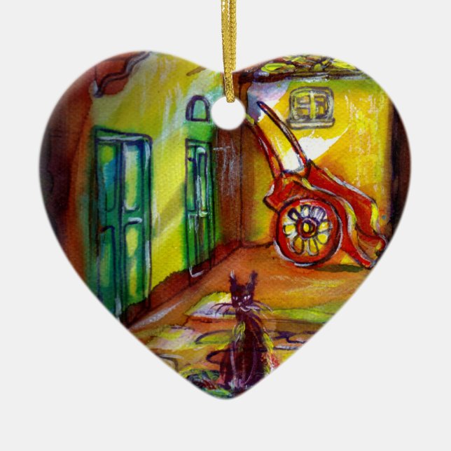 ADORNO DE CERÁMICA MEDIEVAL ALLEY DE NOCHE EN FLORENCIA CON GATO NEGR (Frente)