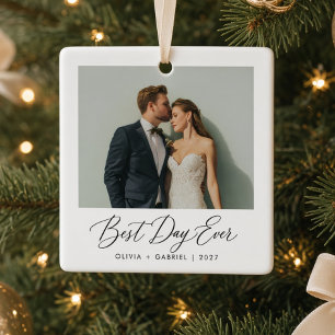 Adorno De Cerámica Mejor Día Personalizado Foto de Boda Recién Casado