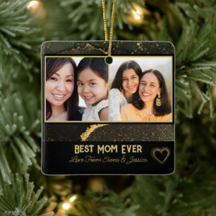 Adorno De Cerámica Mejor Mamá siempre Negro y Oro Foto Personalizada