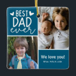 Adorno De Cerámica Mejor Papá Nunca<br><div class="desc">Foto del ornamento del árbol de Navidad Best Dad Ever con dos fotos de sus hijos y color de acento azul detrás del texto blanco. Grandes regalos de Navidades para padres y padres.</div>