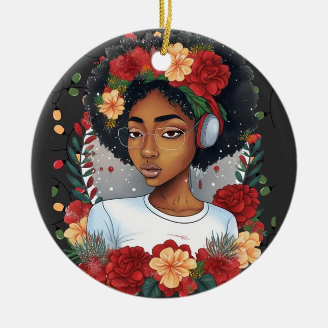 Adorno De Cerámica Melanin Navidades Chica negro de invierno sista má (Frente)