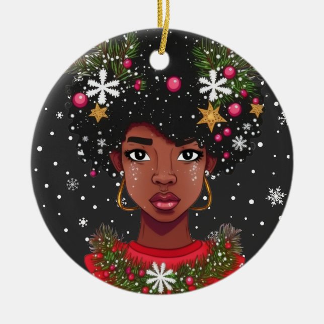 Adorno De Cerámica Melanin Navidades Magia Chica negra Sista (Frente)