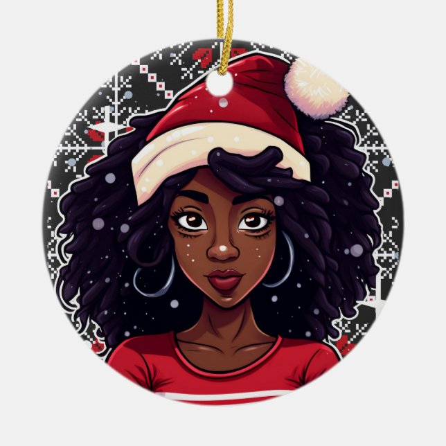 Adorno De Cerámica Melanin Navidades Magia Chica negra Sista (Frente)