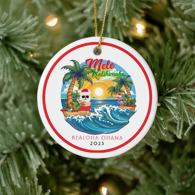 Adorno De Cerámica Mele Blanco Rojo Kalikimaka Santa Surf Hawaii (Árbol)