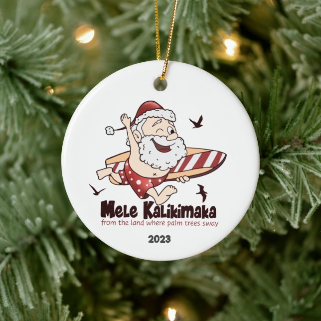Adorno De Cerámica Mele Kalikimaka Surfing Santa Hawaii (Árbol)