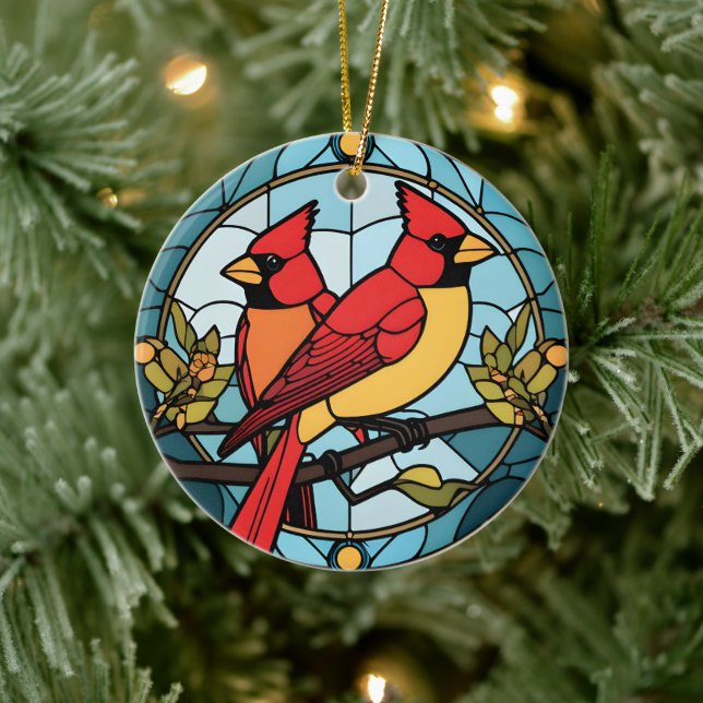 Adorno De Cerámica Memoria del cardenal de vidrio manchado Keepsake B (Árbol)