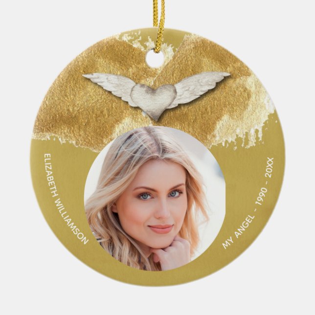 Adorno De Cerámica Memorial Angel Wings Keepsake Photo (Frente)