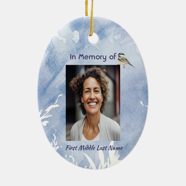 Adorno De Cerámica Memorial Chickadee Bird Winter Snow Tree (Atrás)