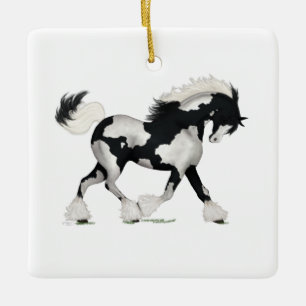 Adorno De Cerámica Memorial de Nameplate de Pony y Gypsy Vanner Overo