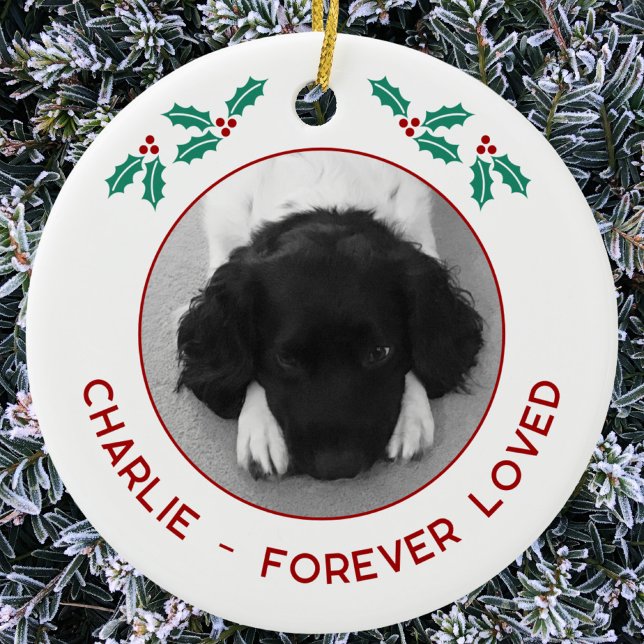 Adorno De Cerámica Memorial de Perro Personalizado Navidad Foto (Pet dog photo memorial custom name text Christmas ornament)