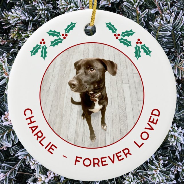 Adorno De Cerámica Memorial Personalizado de Perro en Navidad (Personalized pet name and text dog photo memorial forever loved Christmas ornament)
