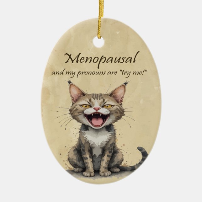 Adorno De Cerámica Menopause Humor Stressed Angry Cat (Frente)